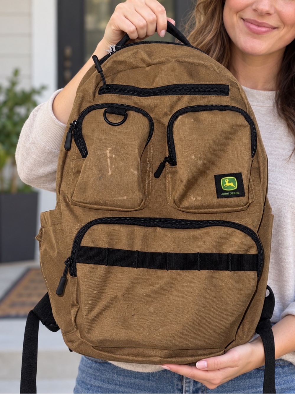 John Deere Brown Backpack Multi Pocket Utility Bag Padded Straps